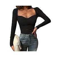 toeecy t-shirt à manches longues femme sexy haut col carré côtelé basiques pull en tricot ajusté moulant haut chemise mode couleur unie slim fit rib top (noir)