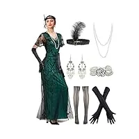 robe de soirée longue à paillettes style années 1920 avec accessoires, noir/vert, taille s
