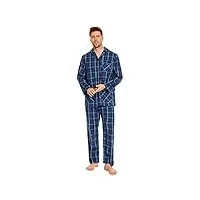 global ensembles de pyjama homme long vetements de nuit 100% coton pantalon manche longue boutonné pjs carré bleu noir l