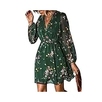 cupshe mini robe en mousseline de soie à imprimé floral avec manches longues paysanne, taille élastique pour l'automne, vert, m