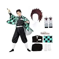 jyakeji tanjirou costume de cosplay 8 pièces avec boucles d'oreilles, demon slayer tanjirou cosplay kimono halloween veste costume anime manteau tenue pour adultes et enfants, vert, s
