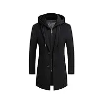 manteau à capuche amovible en laine pour homme faux deux épais et chaud long manteau pour homme noir xxl