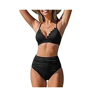 cupshe bikini pour femme - maillot de bain deux pièces taille haute - haut triangle festonné - bretelles réglables - crochet arrière, noir, taille s