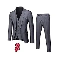 hihawk costume 3 pièces pour homme en tissu extensible, coupe ajustée, un bouton, veste, pantalon avec cravate., gris foncé., taille 3xl