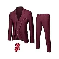 hihawk costume 3 pièces pour homme en tissu extensible, coupe ajustée, un bouton, veste, pantalon avec cravate., bordeaux, taille xl