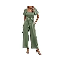 toplop combinaison d'été élégante pour femme avec encolure carrée et ceinture, manches courtes bouffantes, jambes larges, vert, 38