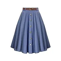 belle poque jupes vintage taille haute taille taille trapèze évasées midi avec poches & ceinture, jean bleu., l