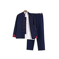 vintage tang costume à manches longues pour homme patchwork traditionnel chinois col mandarine kong fu vêtements, bluea chemise longue 3 pièces, s