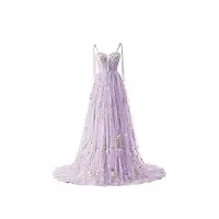 suoluos robe de bal en tulle à manches bouffantes pour femme - broderie florale - robe de soirée formelle, 4 bretelles spaghetti violet, 42