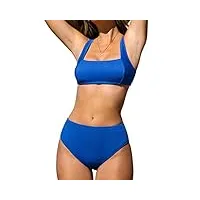 cupshe maillot de bain 2 pièces pour femme - taille moyenne - col carré côtelé - bretelles larges réglables, bleu marine, xl