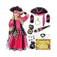 tacobear déguisement pirate enfant fille costume pirate de luxe avec pirate accessoires buccaneer princess pirate chapeau compas télescope déguisement carnaval halloween pour enfant fille (5-6 ans)