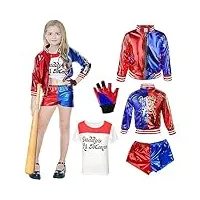 vcumter déguisement harley squad costume, harley quinn cosplay costume avec veste t-shirt short gant cosplay robe costumes pour halloween noël carnaval clown cosplay outfit tenue enfants 140 cm