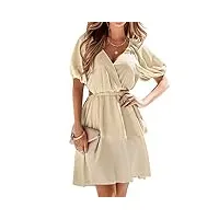 bebreezchic mini robe d'été pour femme - manches courtes - col en v - taille haute - Élégante et sexy - pour fête, cocktail, plage, beige, s