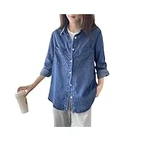 windehao chemise en jean doux en tencel pour femme, décontractée et ample à manches longues, chemisier de cowboy en jean à boutons pour le printemps (bleu foncé, l)