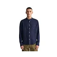 gant 3230078-410 regular fit garment-dyed linen shirt bleu marine chemise homme cou coréen 100% lin, bleu, large