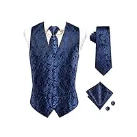gilet en soie pour homme bleu jacquard gilet cravate mouchoir boutons de manchette collier doré ensemble de broches costume de mariage pour homme (couleur: bleu, taille: 3xl) (bleu xxl)