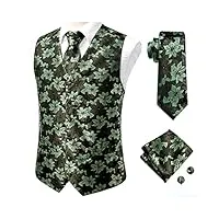 gilet en soie pour homme vert floral tissé gilet cravate mouchoir boutons de manchette ensemble costume pour homme bureau de mariage (couleur: vert, taille: l)(vert xl)