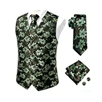 gilet en soie pour hommes vert floral tissé gilet cravate mouchoir boutons de manchette ensemble costume habillé pour hommes bureau de mariage (couleur: vert, taille: l) (vert m)