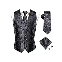 gilet en soie pour hommes noir floral jacquard gilet cravate mouchoir boutons de manchette or collier pin ensemble hommes affaires formelles (couleur: noir, taille: 3xl) (noir xxl)