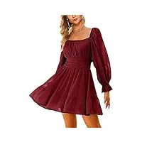 robe d'été 3/4 manches lanternes robe de plage dos à lacets dos nue robe vintage à volants jupe trapèze (xl, v-manche rouge vieux)