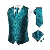 gilet homme en soie jacquard floral turquoise cravate hanky boutons de manchette ensemble pour hommes robe costume mariage affaires (couleur : comme montré, taille : xl) (comme montré m)
