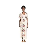 pulcykp robe longue brodée florale vintage pour femme, col en v, manches longues, robe hippie de vacances, blanc, l