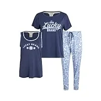 lucky brand pyjama pour femme - 3 pièces hacci sleepwear débardeur, t-shirt et joggeurs (taille : s-xl), bleu indigo., l