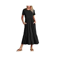 koemcy robe femme manches courtes col rond robe bodycon longue maxi dress ample robes robe de plage eté casual robe avec poches (noir,xl)