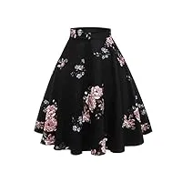 jupe swing vintage à pois pour femme des années 1950 - robe de soirée - cerise - imprimé floral - jupe d'été - taille empire - longueur au genou, noir/rose, m