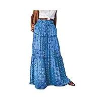 byoauo jupe longue bohème pour femme - taille haute élastique avec poches et ceinture - jupe plissée - jupe de plage - jupe de loisirs, bleu et fleurs, xl