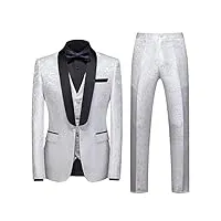 sliktaa homme costume 3 pièces formel jacquard classique châle revers mariage business avec un bouton smokings casual veste & gilet & pantalon, blanc, xl