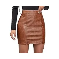 feoya mini jupe en cuir synthétique pour femme - jupe crayon fendue - effet mouillé - jupe moulante taille haute - jupe courte de travail décontractée, marron 2, 44
