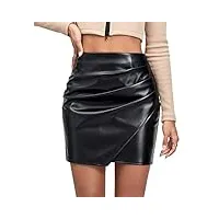 feoya mini jupe en cuir synthétique pour femme - jupe crayon fendue - effet mouillé - jupe moulante taille haute - jupe courte de travail décontractée, noir 1, 48
