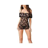 akazi ensemble de lingerie sexy pour femme babydoll + g-string avec élégant nœud en dentelle chemise robe sous-vêtement body vêtements de nuit, cadeau pour elle (noir taille unique)