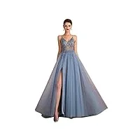 royaux robes d'été pour femmes, robes de soirée sexy à bretelles spaghetti, robes de bal formelles avec strass en v et robe de soirée fendue (bleu us)