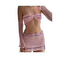 femmes crochet 2 pièces bikini ensemble Évider cami top mini jupe d'été plage tenues cordon maillot de bain maillots de bain