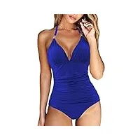 rxrxcoco maillot de bain pour femme avec fronces et décolleté en v push up shape maillot de bain une pièce dos nu, bleu, xl
