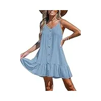 cupshe mini robe à col en v boutonnée à volants pour femme - robe d'été fluide - robe trapèze décontractée, bleu, m