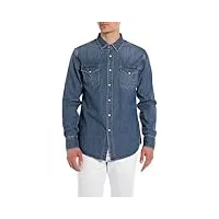 replay chemise en jean pour hommes en coton, bleu (medium blue 009), xxl