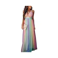 fesfoc robe arcenciel robe maxi sexy à col en v robe de plage robe balançoire dos nu robe d'été en maille,rainbow,s