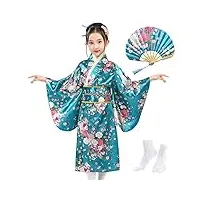 kimono japonais pour filles,robe yukata japonaise traditionnelle,robe kimono satin enfants,robe de soirée de jeu de rôle anime pour les filles avec ventilateur pliant et chaussettes tabi,turquoise,140