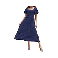 offilicious robe midi fluide à manches pour femme - Épaules dénudées - smocks - volants - robe longue - robe de plage - robe de soleil à manches bulles, bleu marine, l