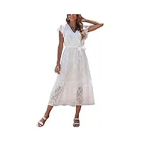 vogmate femmes d'été robe midi manches courtes wrap col en v robe Élégant a-line robe de plage blanc m