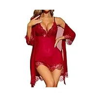 rslove nuisette sexy femme robe de nuit lingerie babydoll avec g-string ensemble lingerie dentelle feminin 3 pièces rouge s