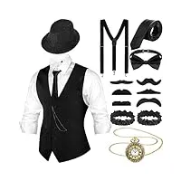 costume 1920s pour homme avec gilet de gangster chapeau fédora montre de poche bretelles (noir, bande noire, l)