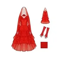 poboola lydia deetz costume de coccinelle de mariée gothique rouge, robe de mariée rouge pour femme, déguisement d'halloween des années 80, tenues de costumade avec voile, taille xl
