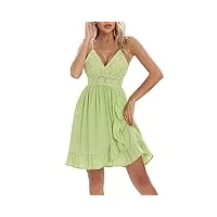 lath.pin femme mini robe à bretelles en dentelle robes à sangle réglable sexy robe d'été col v cocktail a-line asymetrique à volants (vert,s)