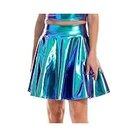 mini jupe plissée taille haute pour femme - jupe patineuse holographique y2k - jupe en cuir métallique brillante - jupe évasée, bleu 1, 48