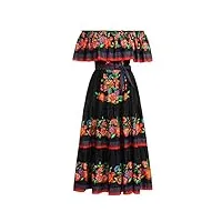 odizli robe longue d'été à épaules dénudées mexicaine boho fleurs a lignes, noir/rouge, l