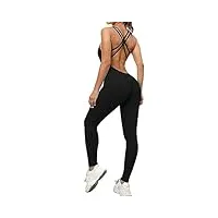 koemcy combinaison femme sans manches dos croix une pièce jumpsuit moulante décontracté d'Été leggings bodysuit sportswear yoga gym (noir, s)